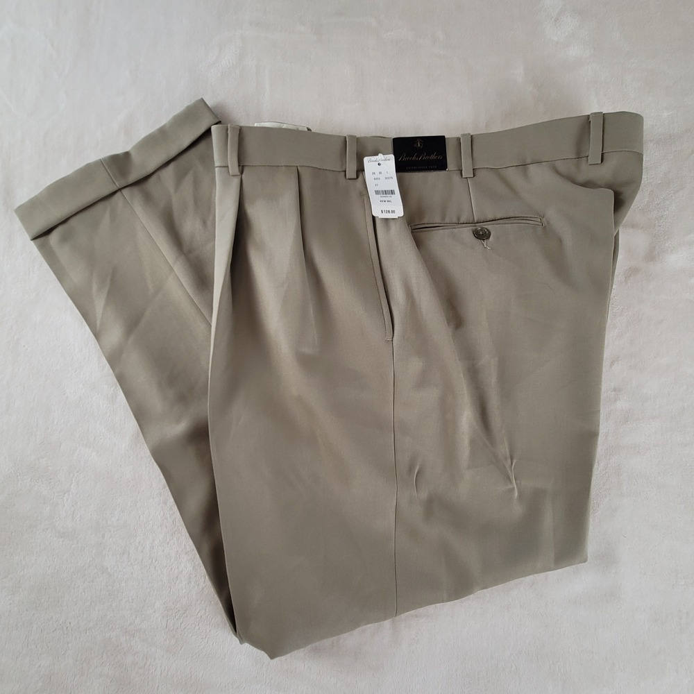 New Brooks Brothers Dress Pants Mens 42W 30L Khaki Tan 100% Wool Pleated Cuffed
